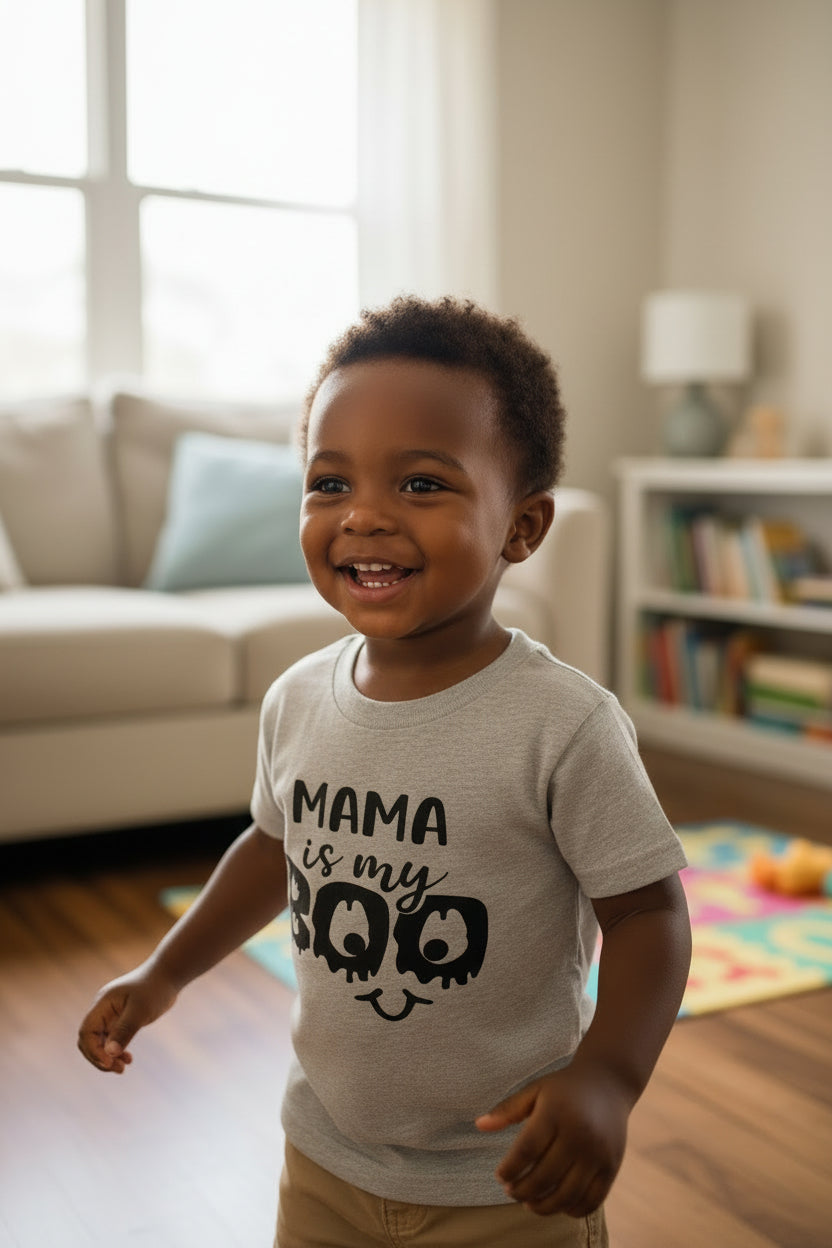 White toddler tee with Candy Monster Halloween heat press graphic