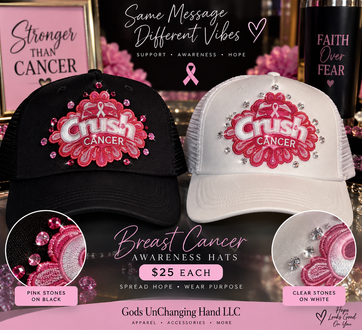 Crush Cancer Rhinestone Trucker Hat – Breast Cancer Awareness