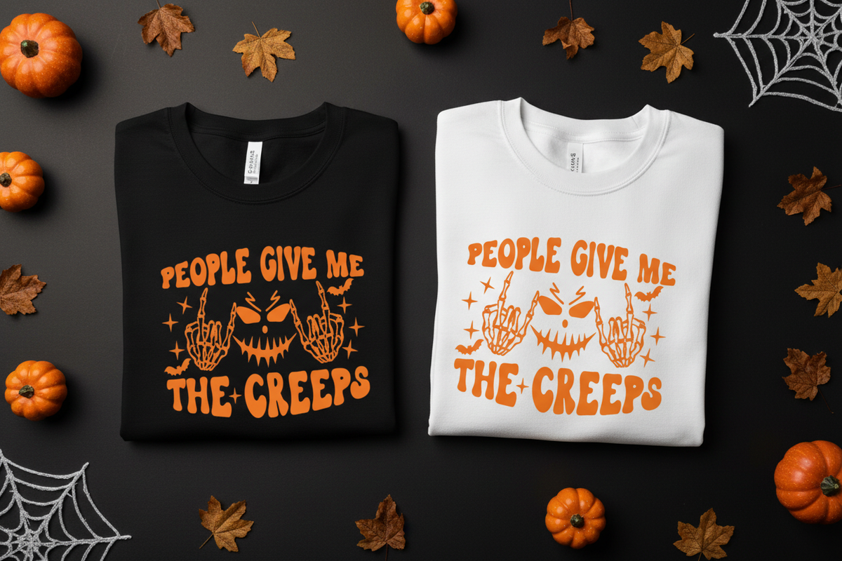 People Give Me The Creeps — Black Tee & White Sweatshirt Flat Lay