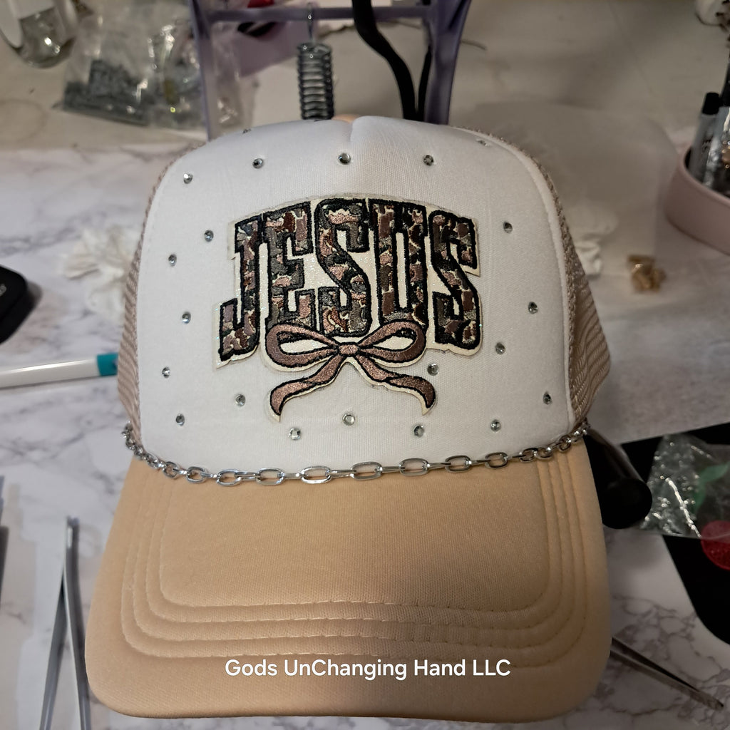 Jesus Rhinestone Trucker Hat – Cream & Tan